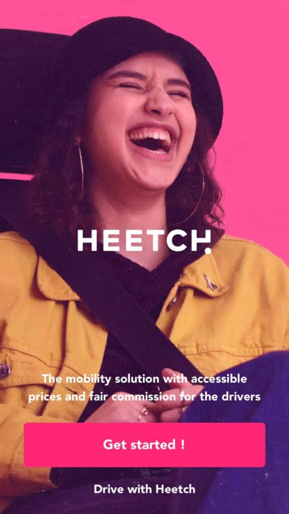 Promotional ad with a joyful woman in a beret and the logo "HEETCH."