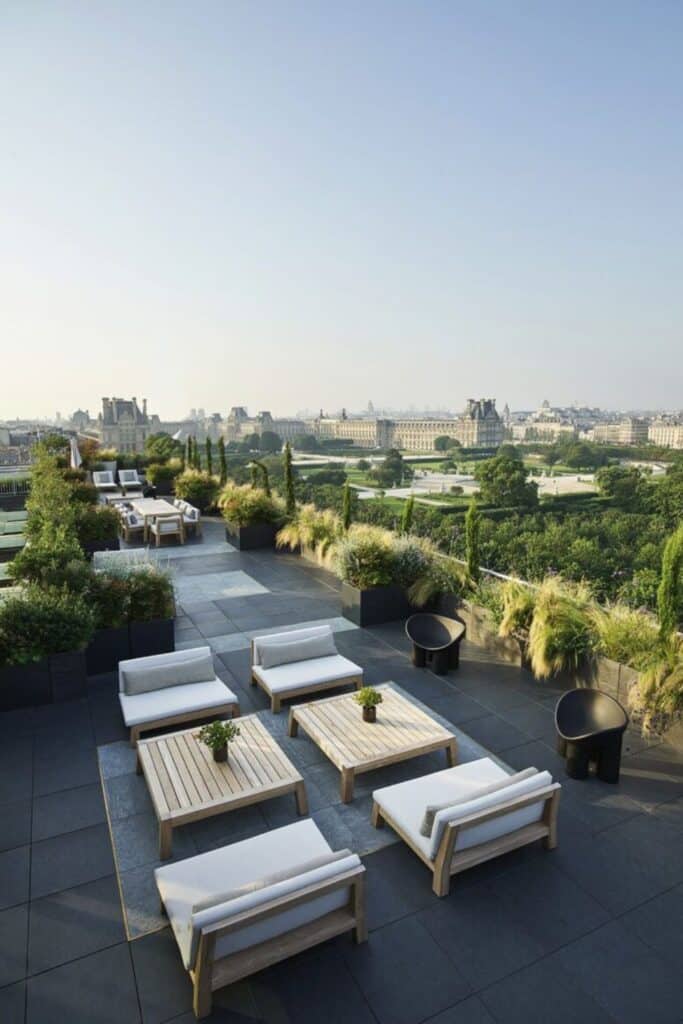 Rooftop lounge with panoramic views over Paris.