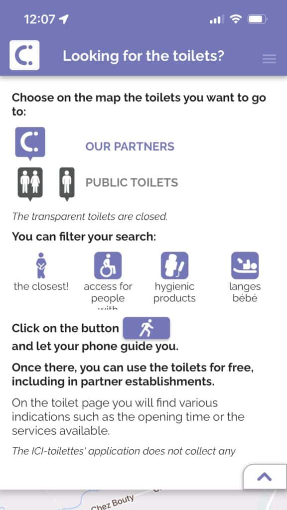 App interface offering guidance to find public toilets with various search filters.