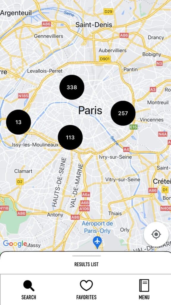 Map of Paris with numbered black circles indicating search results.