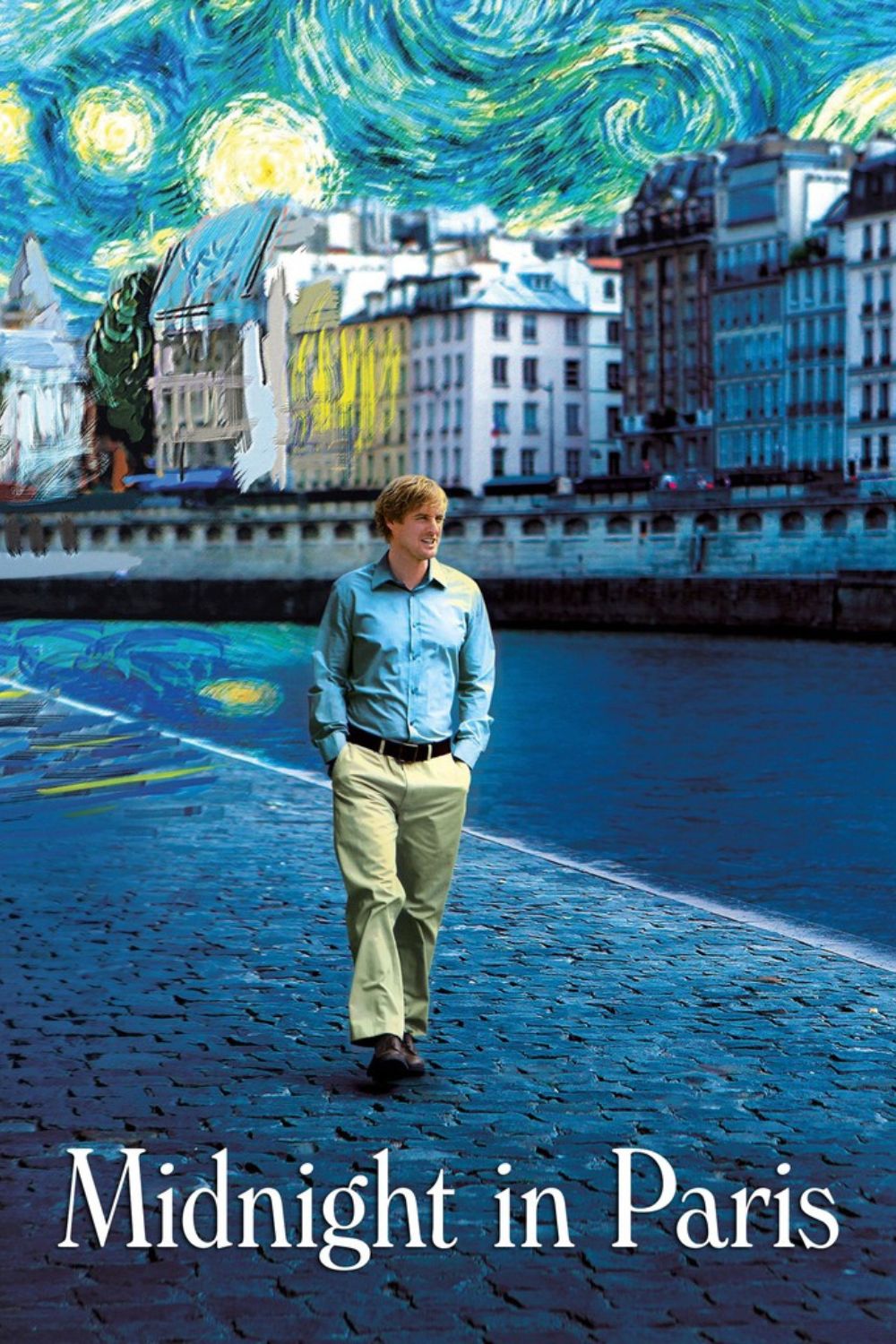 A man walks in Paris with a Van Gogh sky backdrop.