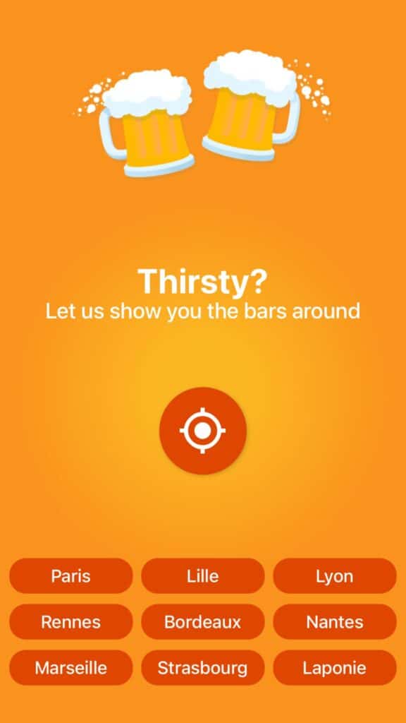 Orange app screen with beer mugs and city options for bar searches.