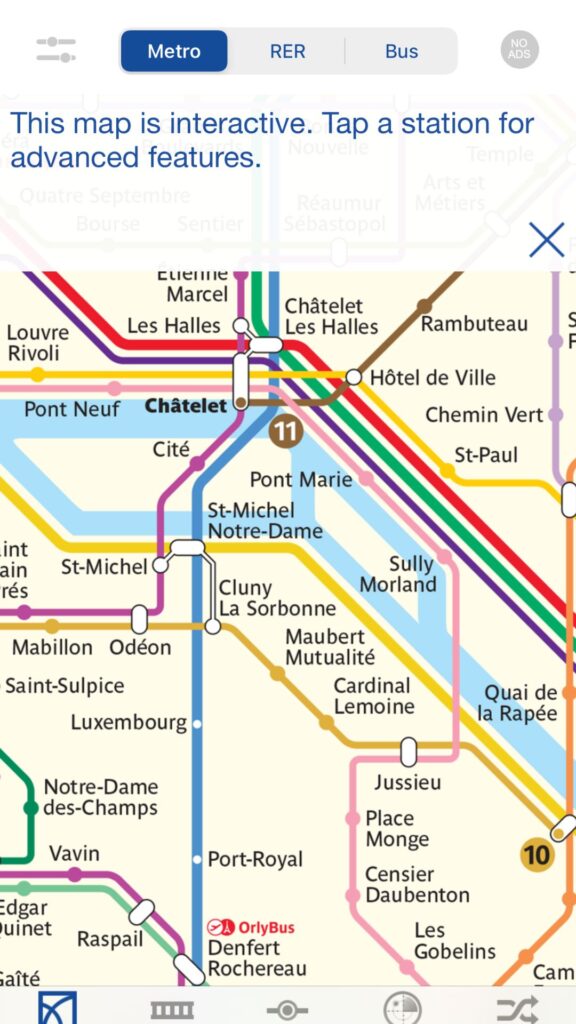 Interactive map of Paris Metro with station names and lines.