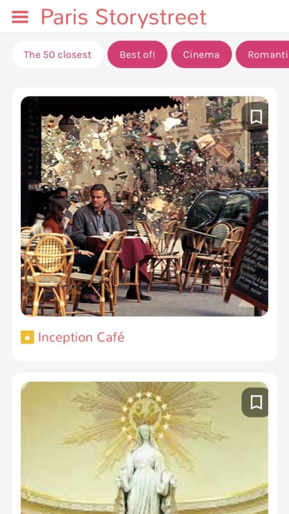 App interface with a Parisian café scene from the movie Inception.