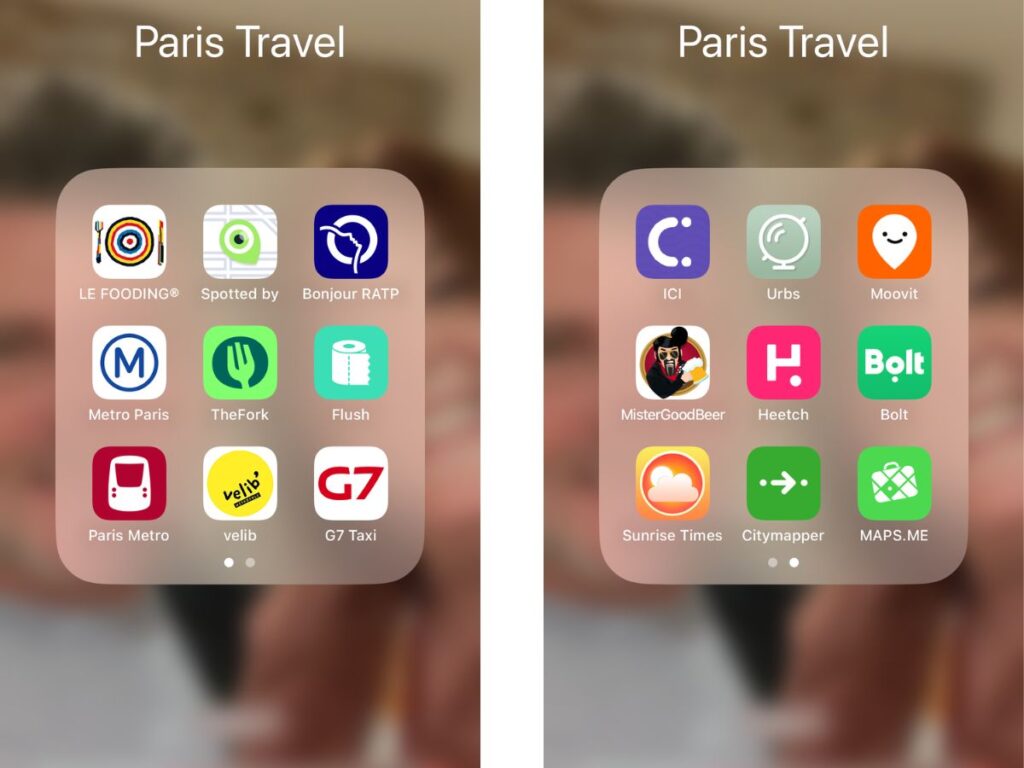 Two smartphone screens showing Paris travel apps.