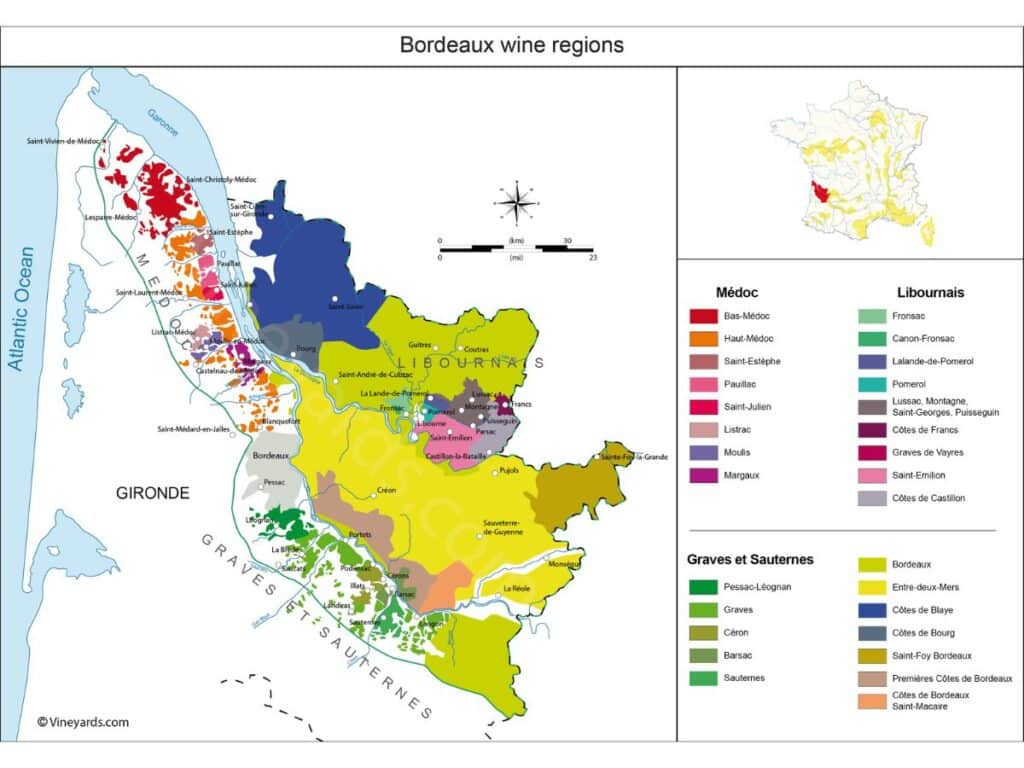Map of Bordeaux wine regions with color-coded areas.