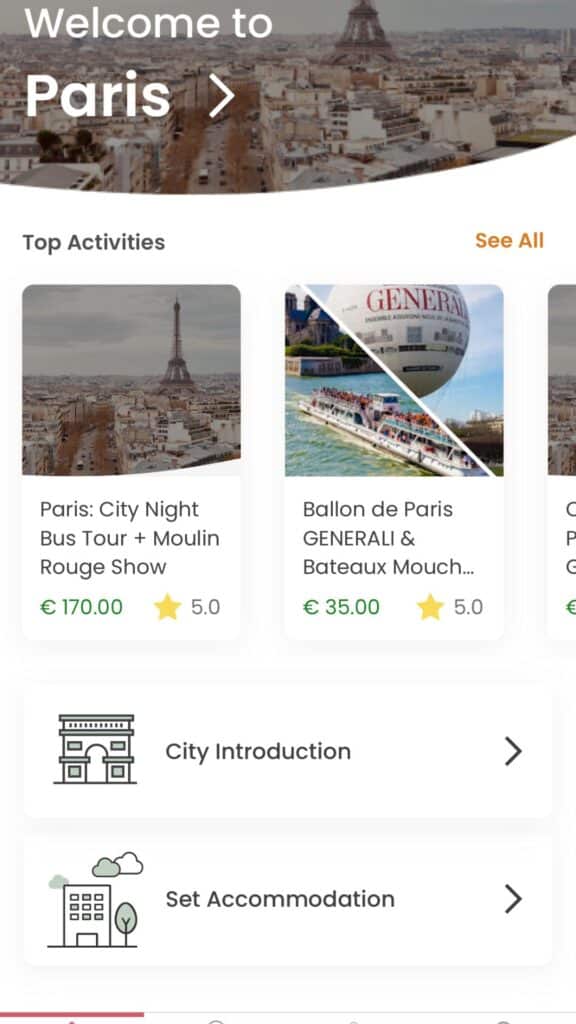 Tourism app interface with options for Paris activities including a city tour and river cruise.
