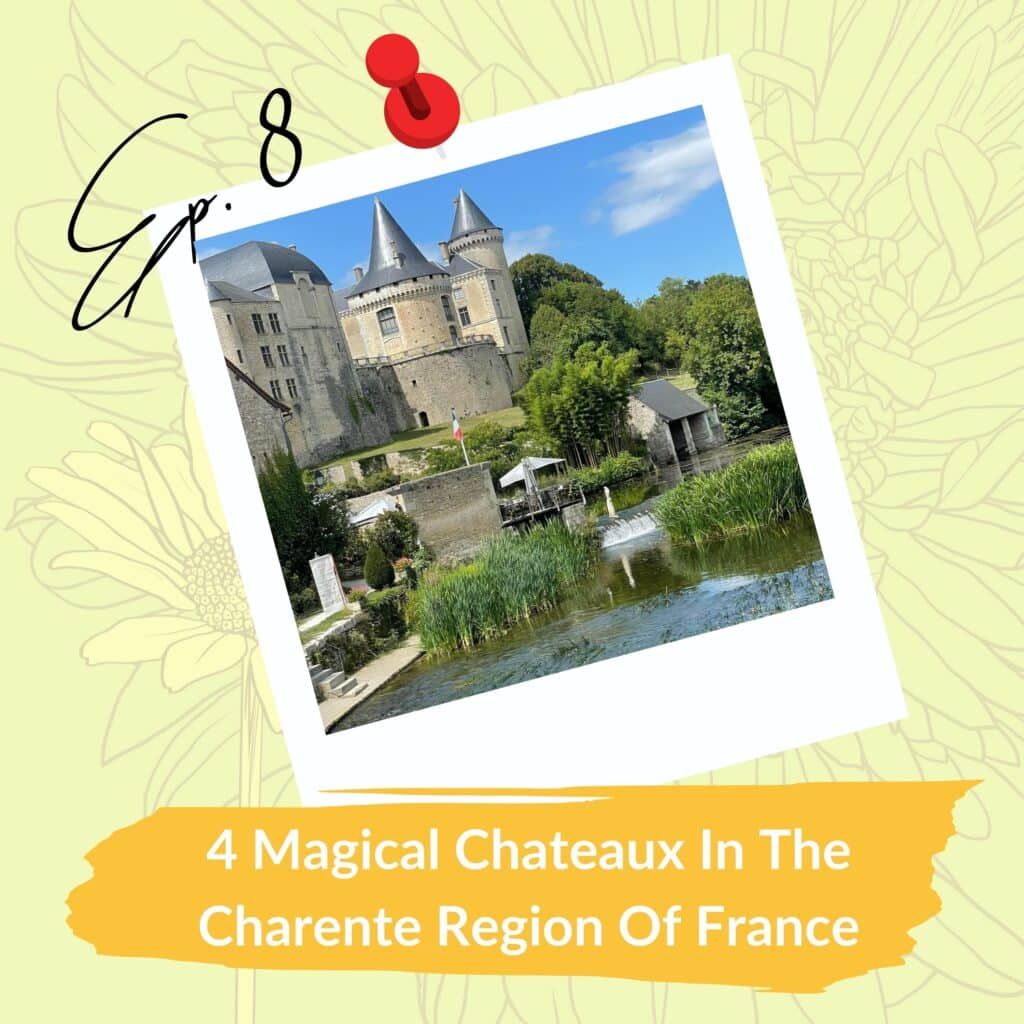 A grand chateau with turrets beside a water mill, set against a blue sky.