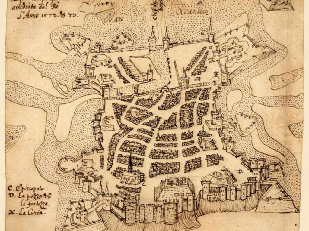 Historic sketch of La Rochelle during the time of the Huguenots, dated between 1572 and 1573. The map depicts a bird's-eye view of the fortified city with its streets, buildings, and surrounding sea defenses, conveying a detailed layout of the town with annotations for significant landmarks like the cathedral (C), the fort (D), and the harbor (X).