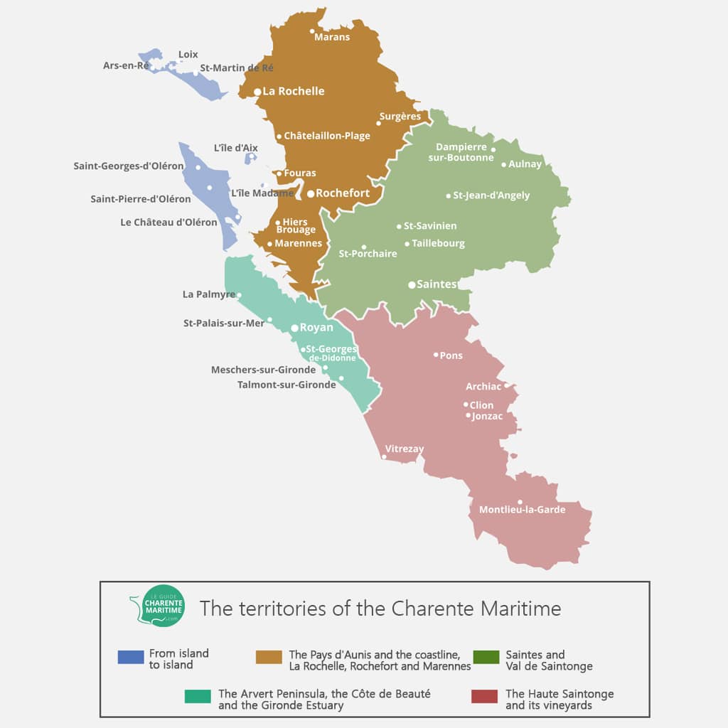 Color-coded map displaying the territories of the Charente-Maritime region in France.