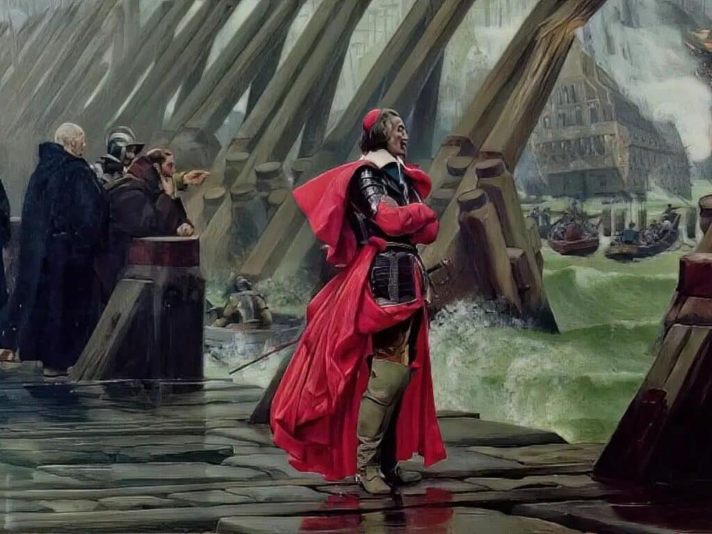 Artistic rendition of the Siege of La Rochelle, capturing a pivotal moment with a commander in a striking red cloak overseeing the port's fortifications. The scene is dramatic with surging waters, large wooden barriers, and vigilant soldiers amidst a backdrop of the besieged city and ships in the distance, highlighting the tension and strategy of the historical conflict.