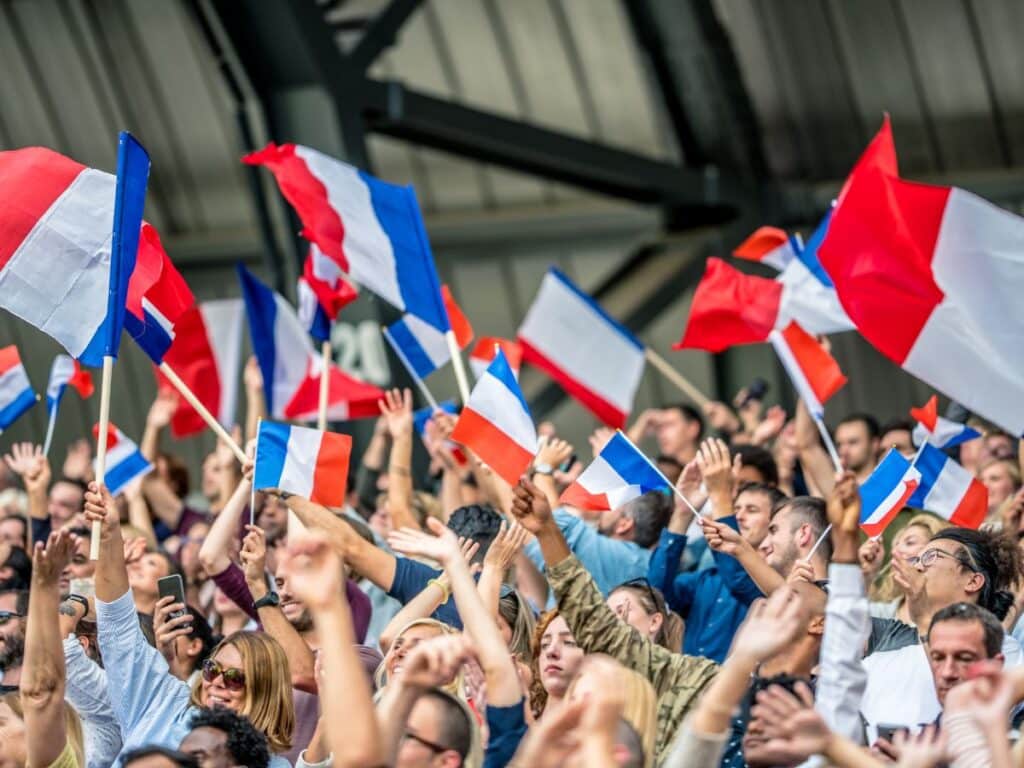 A vibrant crowd of people waving French flags during an event or celebration.