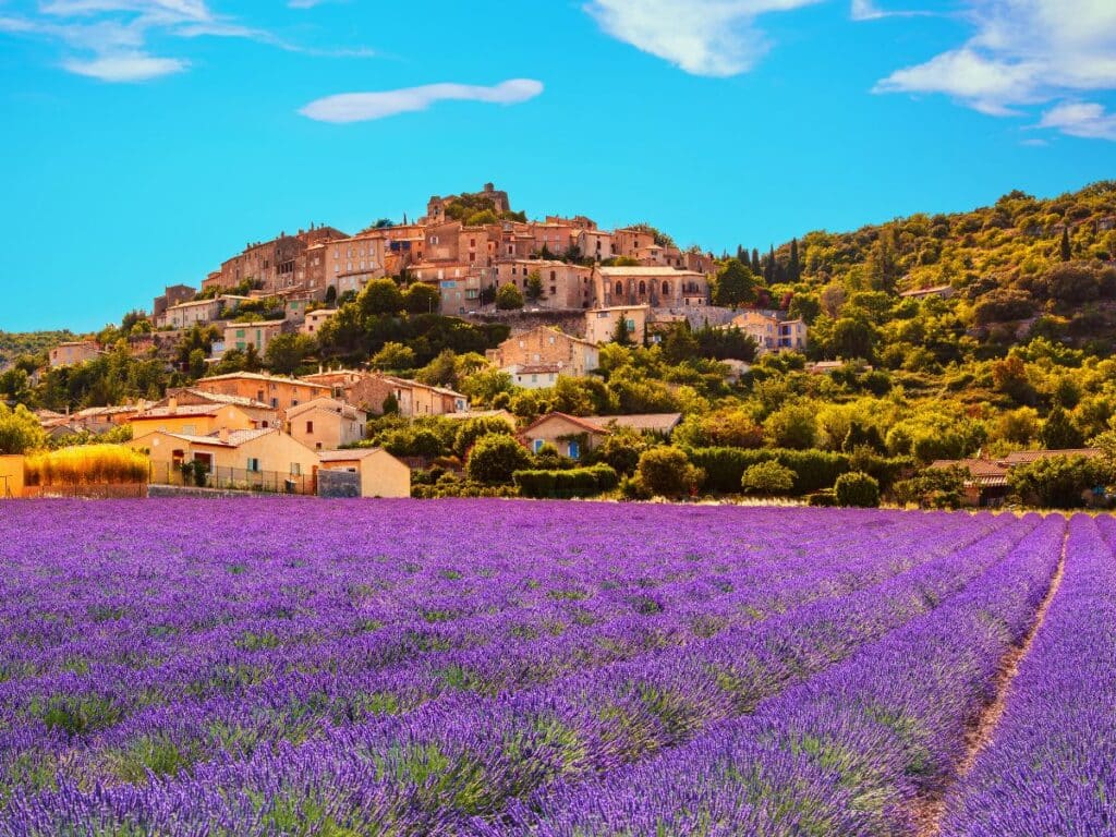 A stunning view of a village nestled in the hills, surrounded by fields of vibrant purple lavender under a bright blue sky.