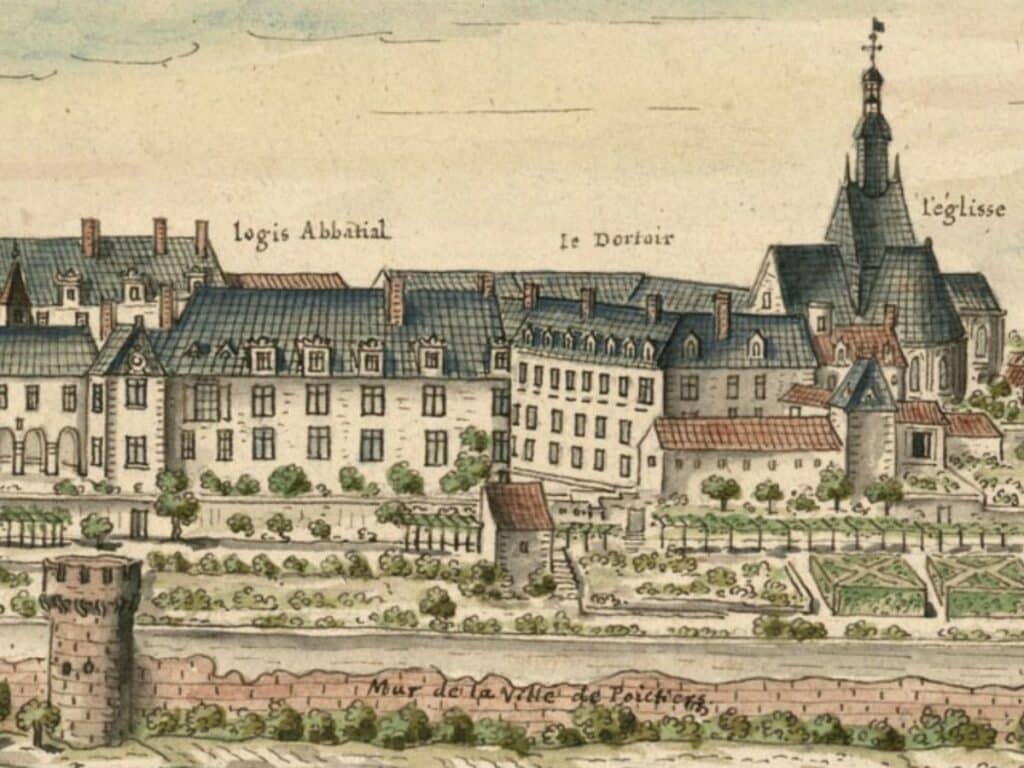 Historic illustration of the Abbaye Royalle de Sainte Croix in Poitiers from 1699, showing the abbey buildings with labeled sections such as 'Logis Abbatial', 'Le Dortoir', and 'L'église', surrounded by gardens and a defensive wall.
