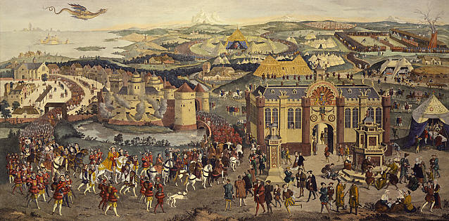 This image depicts the historical event known as the Field of the Cloth of Gold, a summit held in 1520 between King Henry VIII of England and King Francis I of France. The painting showcases an elaborate scene with grand tents, jousting, and pageantry set against a hilly landscape. In the foreground, richly dressed figures, including knights and nobles, parade on horseback and foot, while the background features sprawling, ornate pavilions and bustling crowds, highlighting the opulence and diplomatic significance of the meeting.
