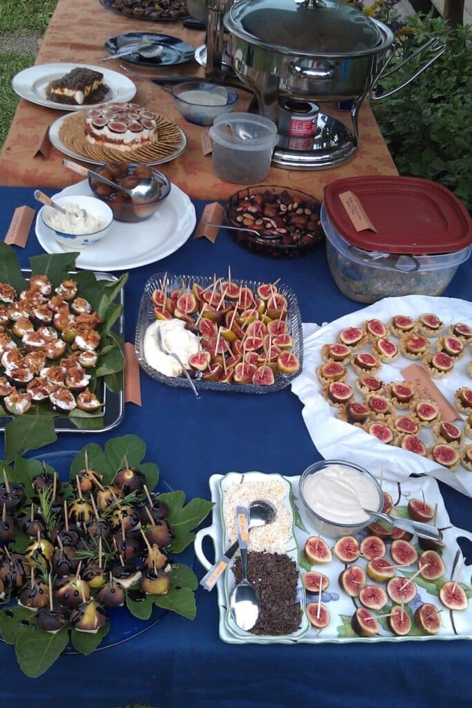 A colorful spread of various fig-based dishes at an outdoor festival, including fig tarts, stuffed figs, and figs served with cheese, displayed on a blue tablecloth.