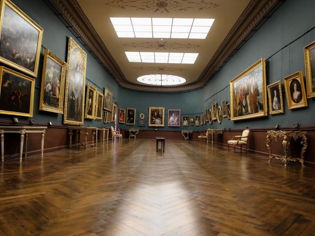 nterior of the Museum of Fine Arts in Narbonne, featuring a spacious gallery with wooden floors, green walls, and numerous framed paintings displayed under a skylight.