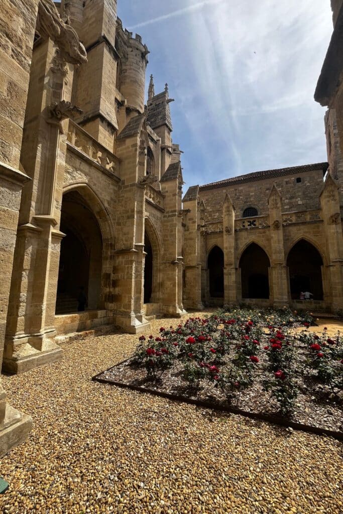 The courtyard of the Palais des Archevêques featuring Gothic arches, stone walls, and a neatly arranged garden with blooming red flowers.