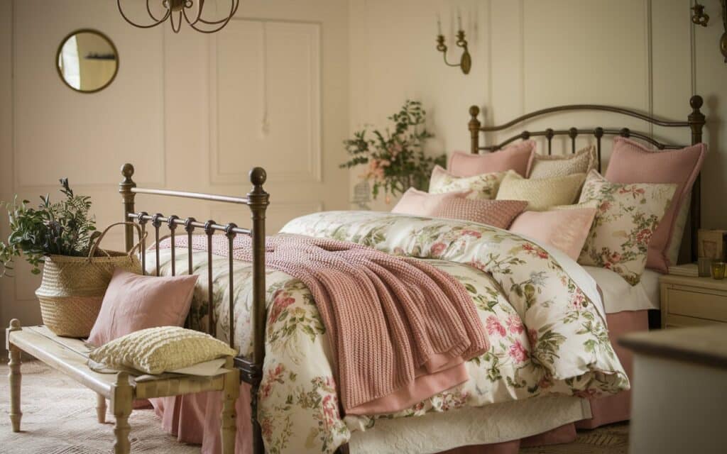 A French country farmhouse bedroom featuring a metal bed frame with floral-patterned bedding and soft, pink knitted throws. A wicker basket with greenery sits on a wooden bench at the foot of the bed, adding a cozy, rustic touch.