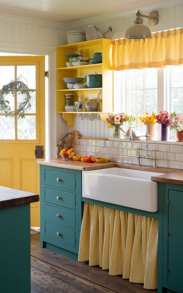 A bright and cheerful French country farmhouse kitchen with yellow open shelves, teal lower cabinets, and a large farmhouse sink. Fresh flowers and colorful kitchenware add a vibrant, welcoming atmosphere.