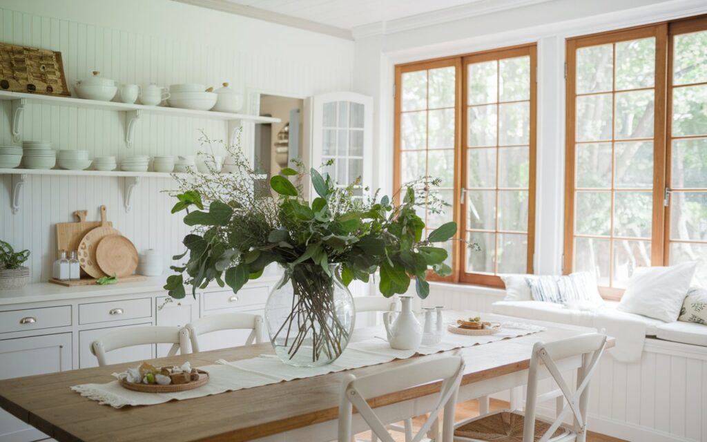 A light and airy French country farmhouse dining area with white cabinetry, a wooden table, and a large vase of greenery as the centerpiece. Open shelving displays white dishware, creating a clean and inviting space.