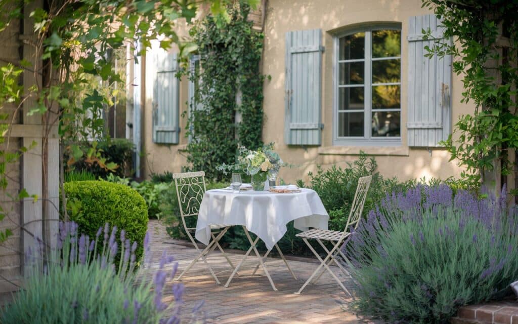 A serene French country farmhouse garden with a small white table set for two, surrounded by lush greenery and blooming lavender. The setting is peaceful and intimate, perfect for a cozy outdoor meal.