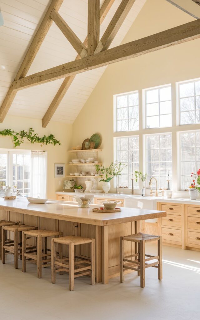 A spacious French country farmhouse kitchen with high ceilings, exposed wooden beams, and large windows that flood the room with natural light. A long wooden island with wicker stools adds a rustic, inviting touch.