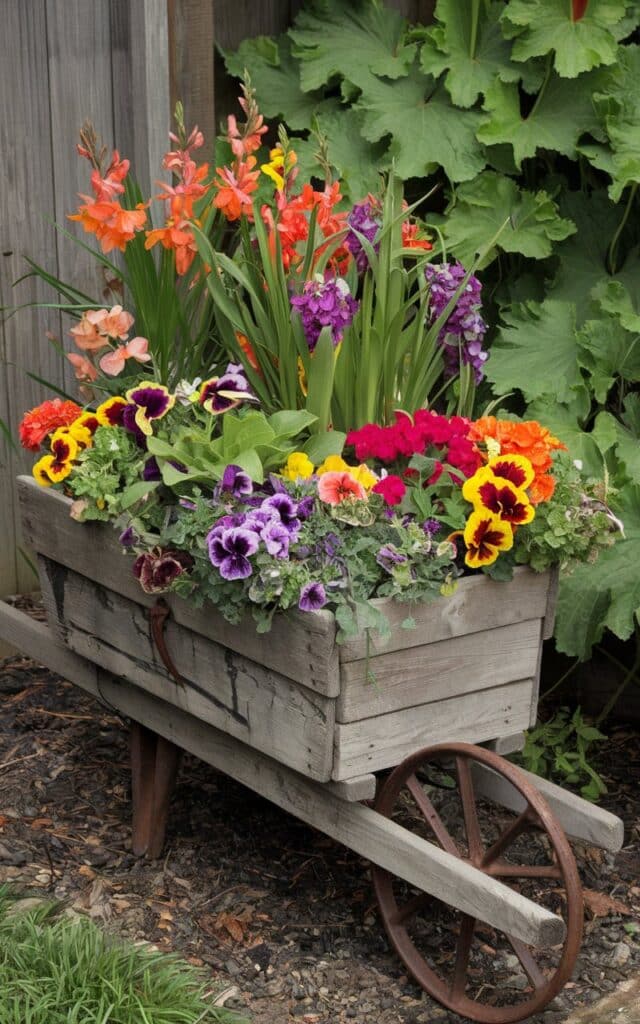 A weathered wooden wheelbarrow filled with vibrant, colorful flowers in a French country farmhouse garden. The mix of reds, purples, and yellows against the rustic wood creates a lively and picturesque scene.