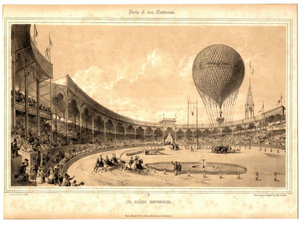 An old sepia-toned illustration depicting a lively scene in a historical Parisian arena, complete with an audience, hot air balloon, and equestrian displays. This image gives a nostalgic view of Parisian life in bygone times.