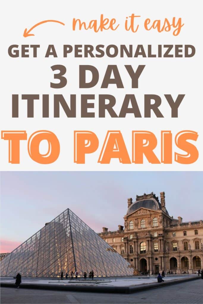 The Louvre Pyramid glowing at sunset, promoting a personalized 3-day Paris itinerary. The famous museum’s glass structure reflects the soft evening light, creating a magical Parisian scene.