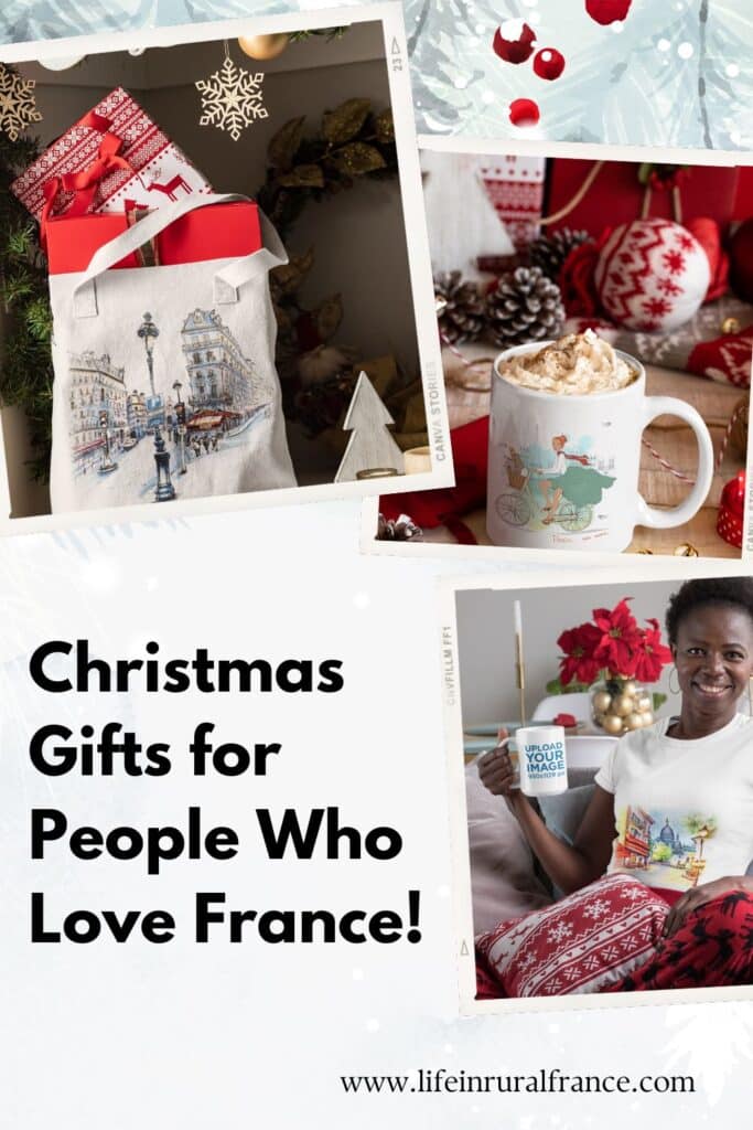 Festive gift ideas for Francophiles, including a tote bag featuring a Parisian street scene, a mug with a French-themed illustration, and a person holding a customized T-shirt with a French landmark print. The title, "Christmas Gifts for People Who Love France," highlights the theme, while holiday decor enhances the cozy, celebratory feel.