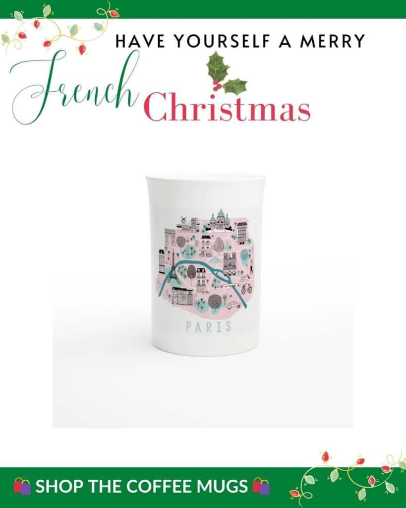 A white mug featuring a pastel Paris cityscape illustration with landmarks and greenery, captioned “Paris.” The mug is presented under a holiday greeting banner with festive graphics and a “Shop the Coffee Mugs” call to action.