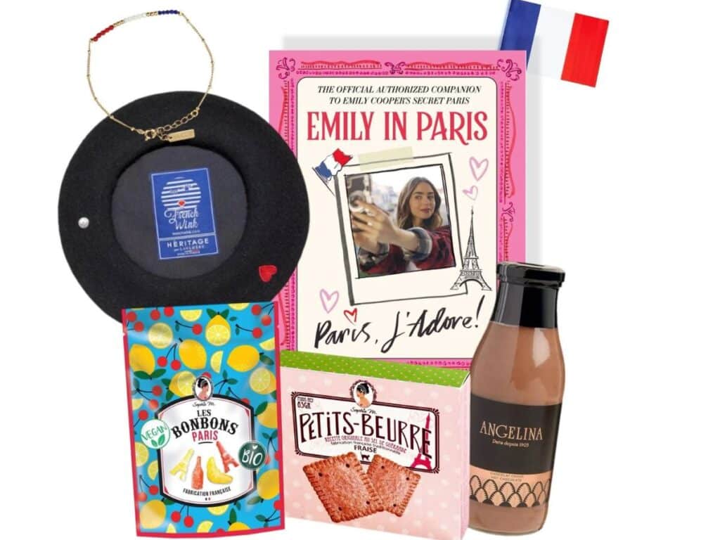 A collection inspired by "Emily in Paris," featuring a French beret, a “Paris, J’Adore!” book, Angelina hot chocolate, a French flag, and Paris-themed treats, capturing the show’s essence.