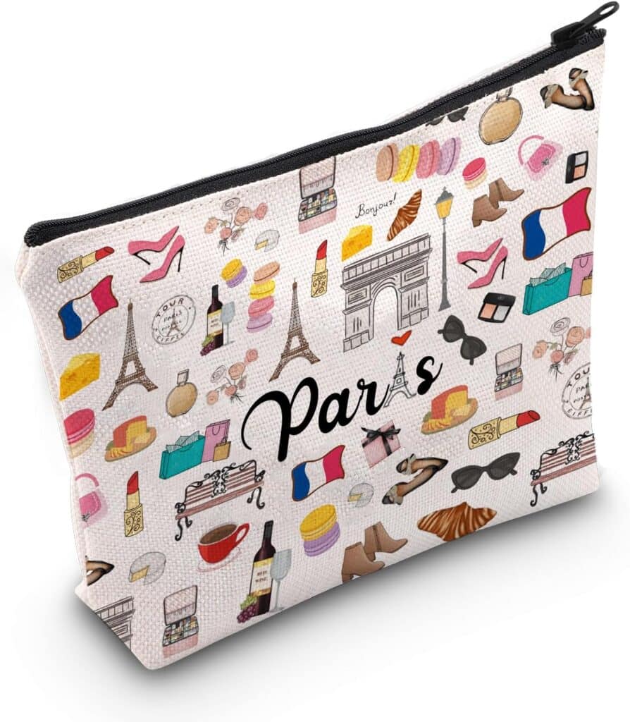 A stylish makeup bag with a vibrant Parisian theme, featuring illustrations of iconic symbols like the Eiffel Tower, Arc de Triomphe, French flags, macarons, and fashionable accessories. The whimsical design captures the essence of Parisian chic.