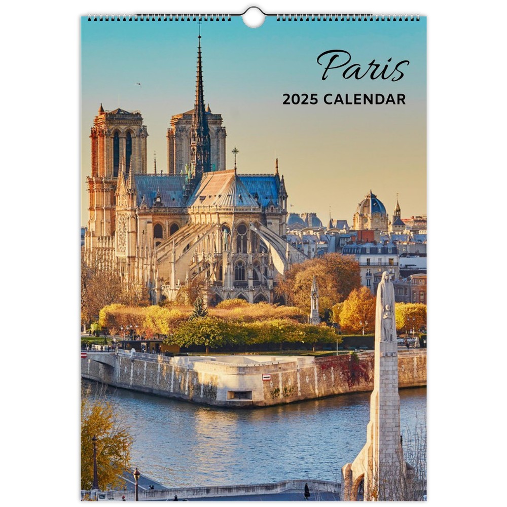 The "Paris 2025 Calendar" displays a scenic view of the Notre-Dame Cathedral along the Seine River under a golden sunset, highlighting the architectural splendor and timeless allure of Paris.