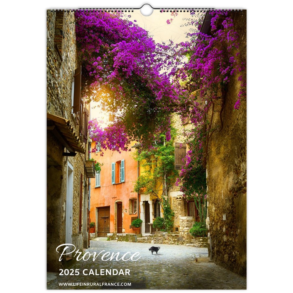 The "Provence 2025 Calendar" cover depicts a colorful, narrow street in Provence with bright stucco buildings and a canopy of purple bougainvillea cascading down, illuminated by warm sunlight, with a black cat walking along the cobblestones below.
