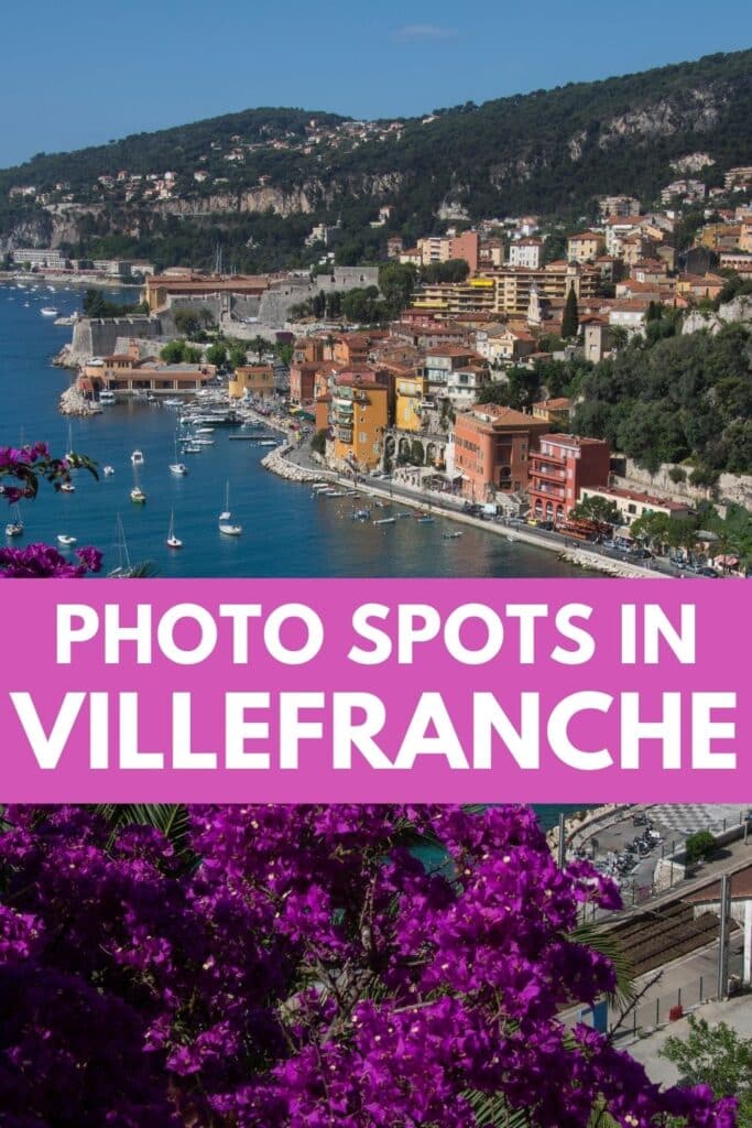 A scenic shot of Villefranche-sur-Mer’s coastline, framed by vibrant purple bougainvillea, showcasing the best Instagram photo spots in the area.