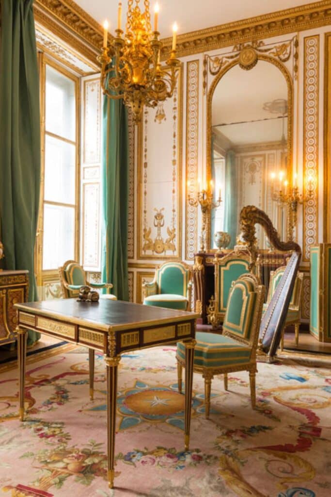 An elegant study with a black writing desk, gilded chairs upholstered in green fabric, gold moldings, tall windows with green curtains, and a grand chandelier.