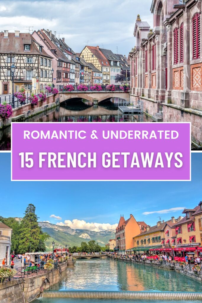 Picturesque French town featuring a charming canal, colorful half-timbered houses, and a floral-decorated bridge, ideal for a romantic getaway.