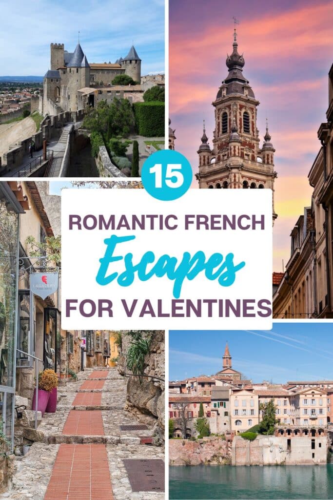 Collage of stunning French landscapes, from medieval castles to vibrant town streets, perfect for romantic escapes.