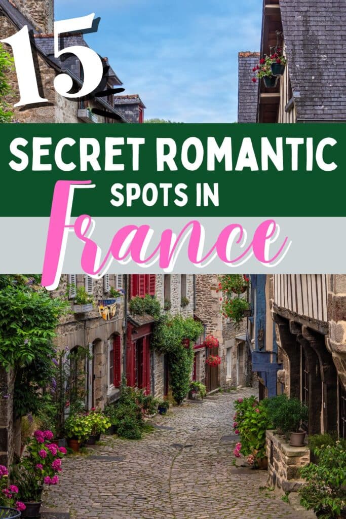 Charming cobblestone street lined with flower-adorned historic buildings, representing hidden romantic spots in France.