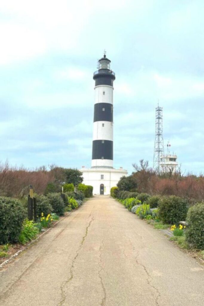 The iconic black-and-white striped lighthouse of Île d’Oléron, surrounded by coastal vegetation and scenic pathways.