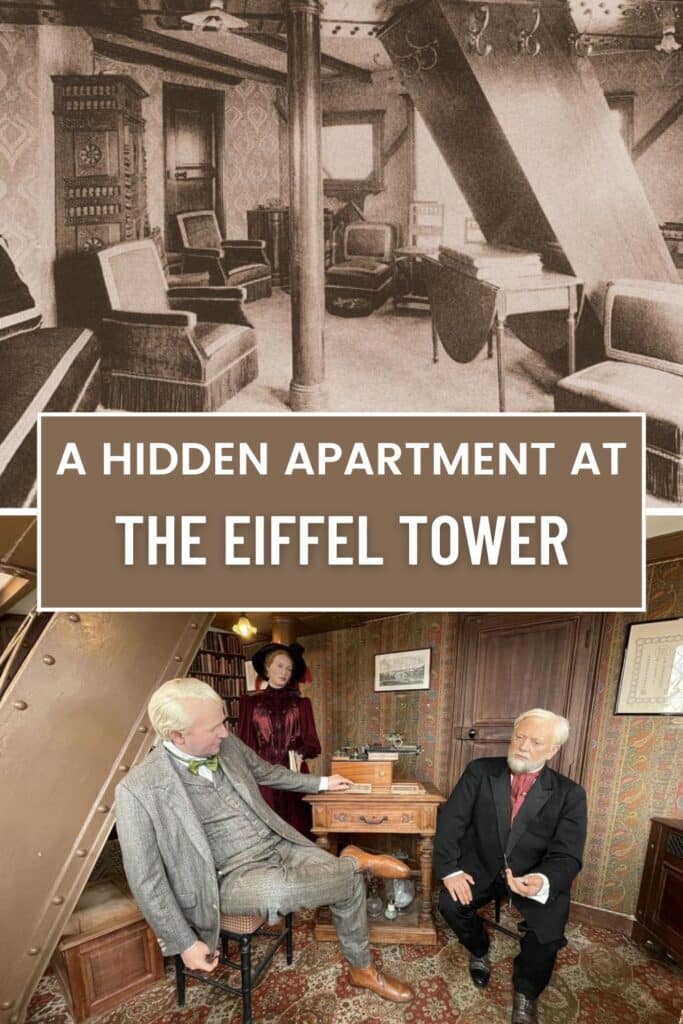 A historic photograph of the secret Eiffel Tower Apartment, featuring elegant furnishings and a cozy atmosphere designed by Gustave Eiffel himself.