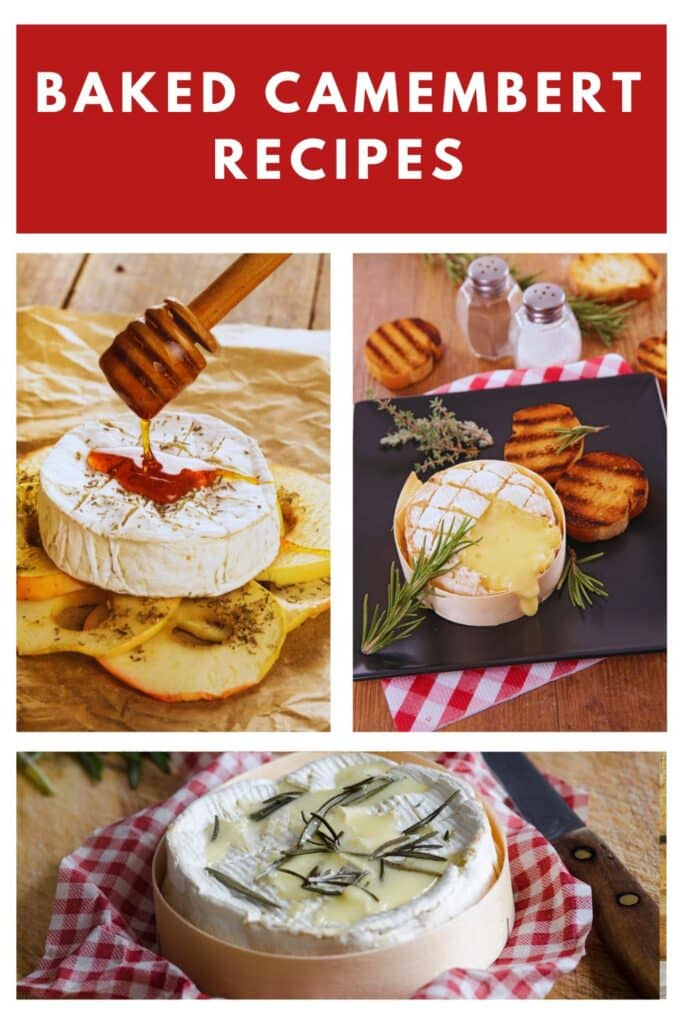 A collage of three baked camembert cheese dishes, featuring melted cheese with honey, herbs, and grilled bread, highlighting creative recipe ideas.