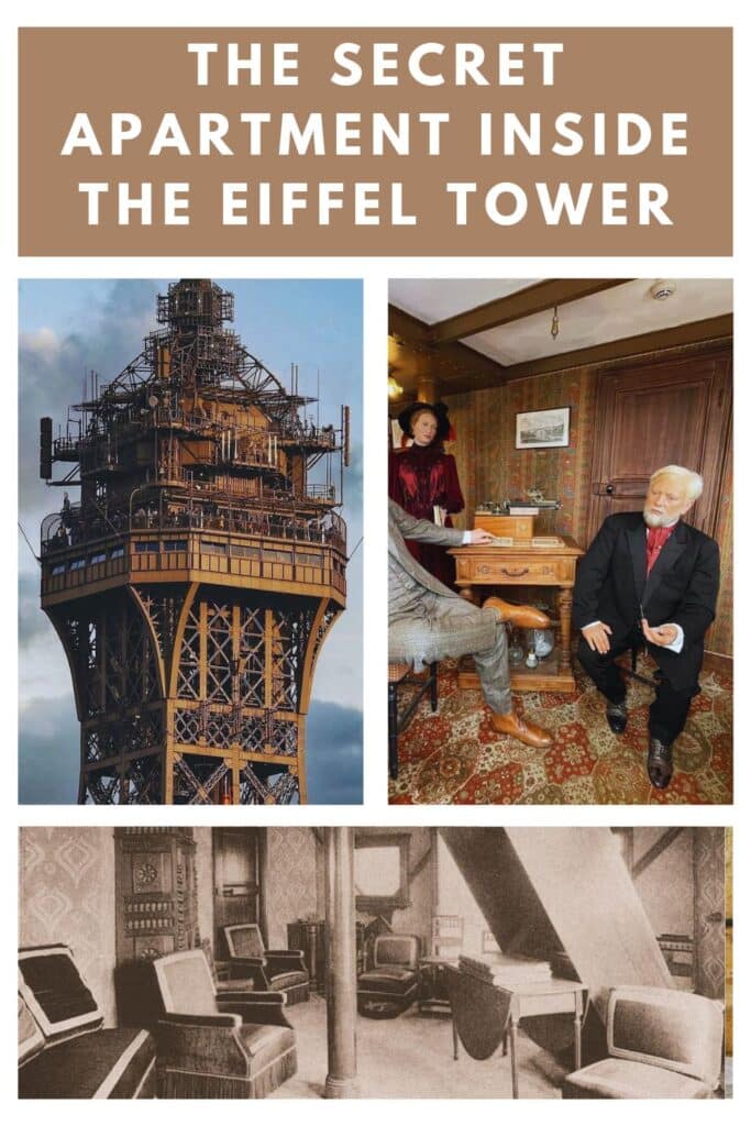 A collage of images showcasing the secret Eiffel Tower Apartment, including historical furnishings and a reconstructed scene with wax figures.