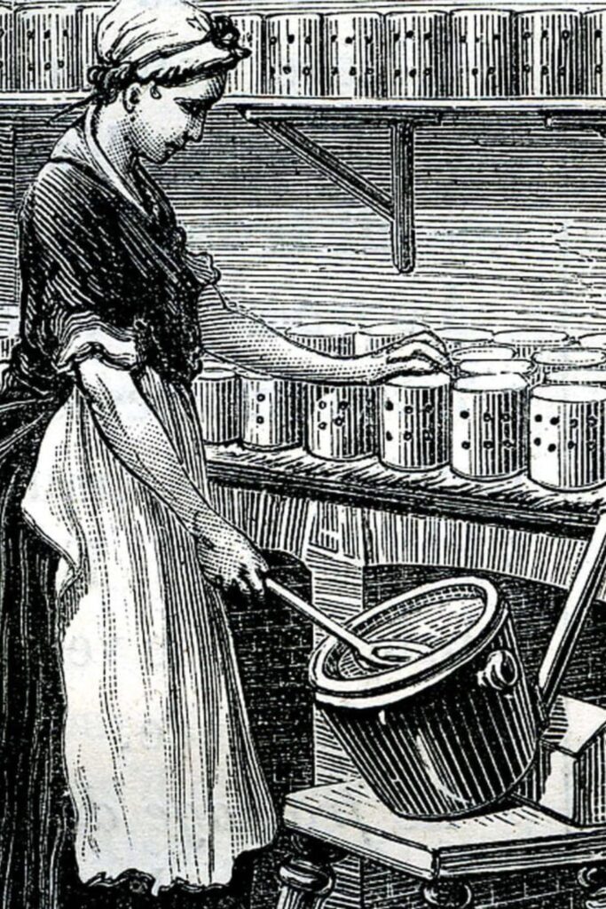 A vintage illustration of a woman in traditional attire stirring a bucket, with camembert cheese molds on shelves in the background, representing the artisanal cheese-making process.