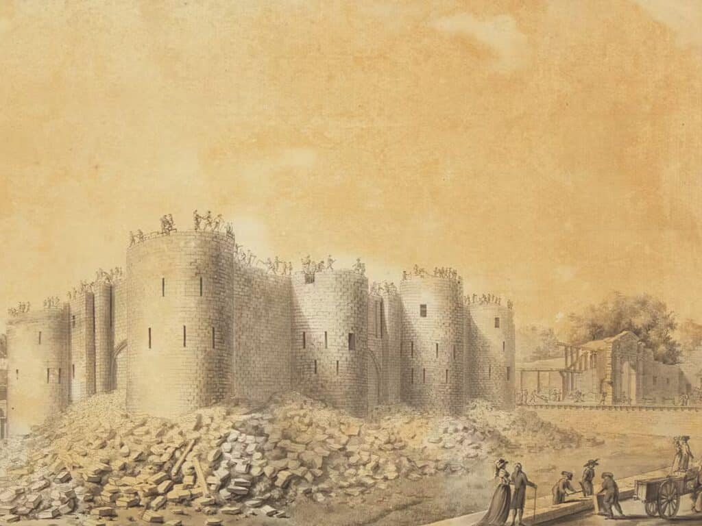 A historical illustration showing the demolition of the Bastille fortress, with rubble piling up at its base and workers dismantling its thick stone walls. Though not strictly inside the Bastille, the image captures the aftermath of what once lay within.