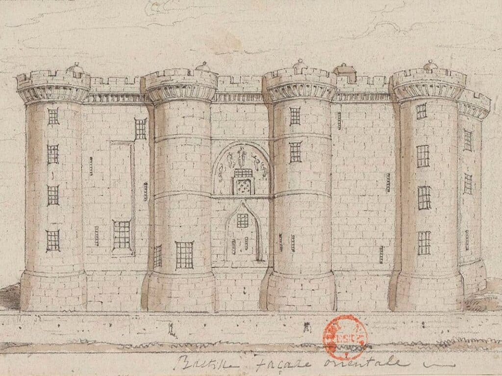 A detailed architectural drawing of the Bastille's exterior, highlighting its massive towers and fortified structure. The image gives context to the intimidating walls that confined those inside the Bastille.