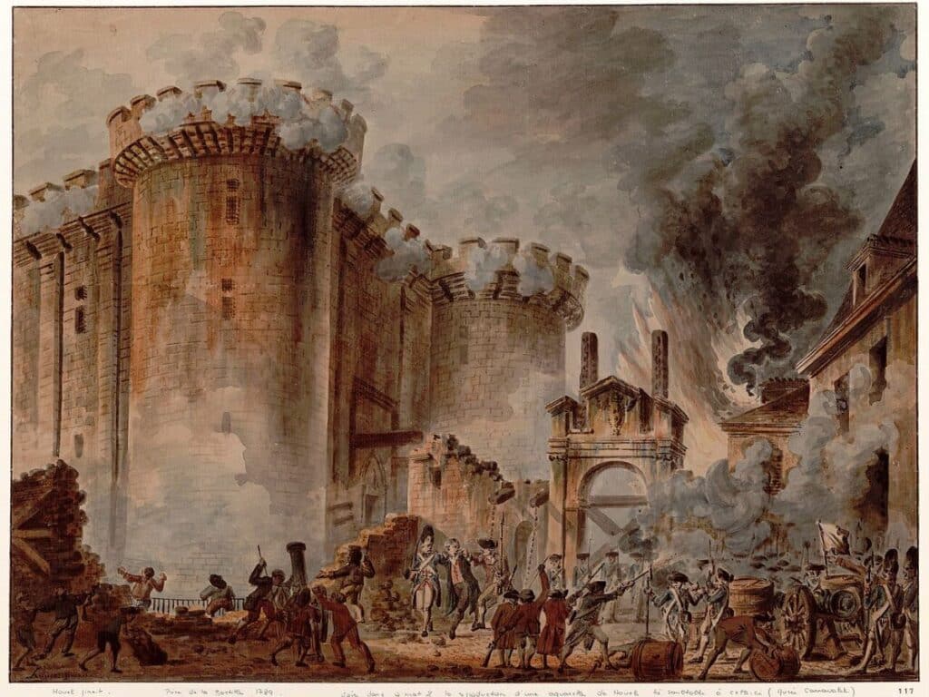 A dramatic painting of the storming of the Bastille, with revolutionaries clashing amid smoke and fire. The chaos outside mirrors the fear and unrest often experienced inside the Bastille.