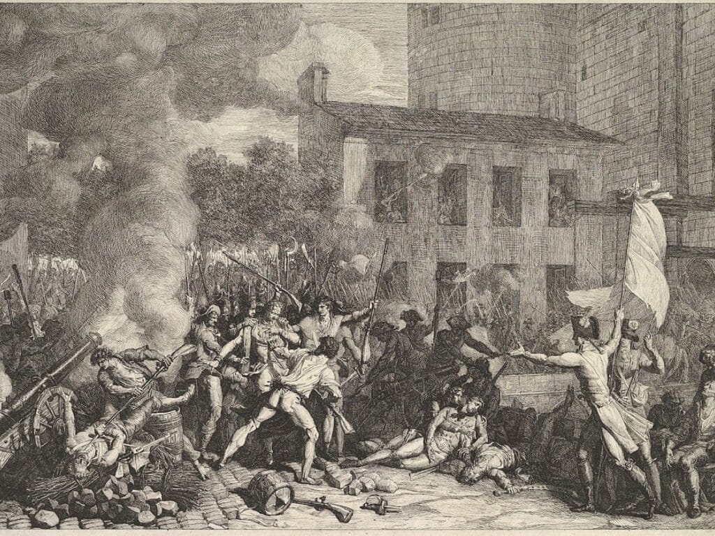 A detailed etching showing revolutionaries and soldiers clashing in the Bastille’s inner courtyard, with smoke and gunfire engulfing the scene. This image offers a rare imagined look inside the Bastille during its most chaotic moment.